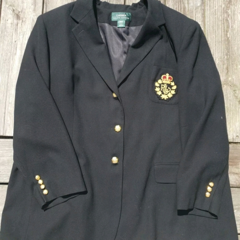 RL vintage wool black blazer 3D crest logo